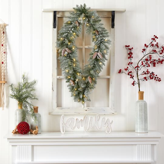 3ft. White LED Lights Geometric Diamond Christmas Frosted Wreath With Pinecones